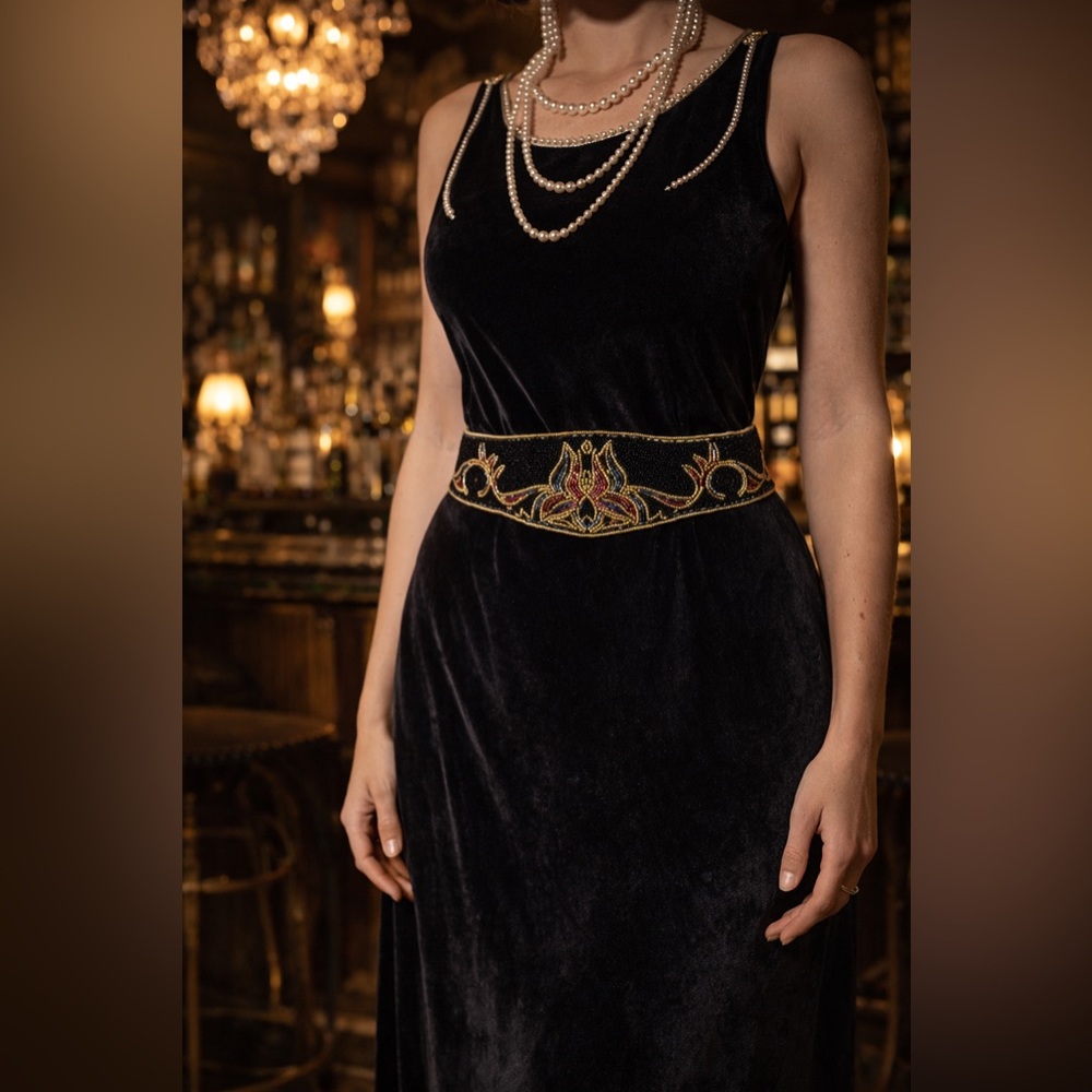 Vintage LaRegale Hand-Beaded Art Deco Belt Black Gold Burgundy Statement Sash